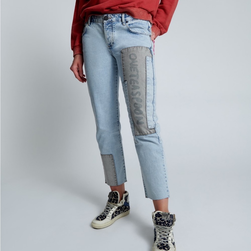 One Teaspoon Blue Graffiti Straight Leg Jeans Size 18 - Picture 2 of 16